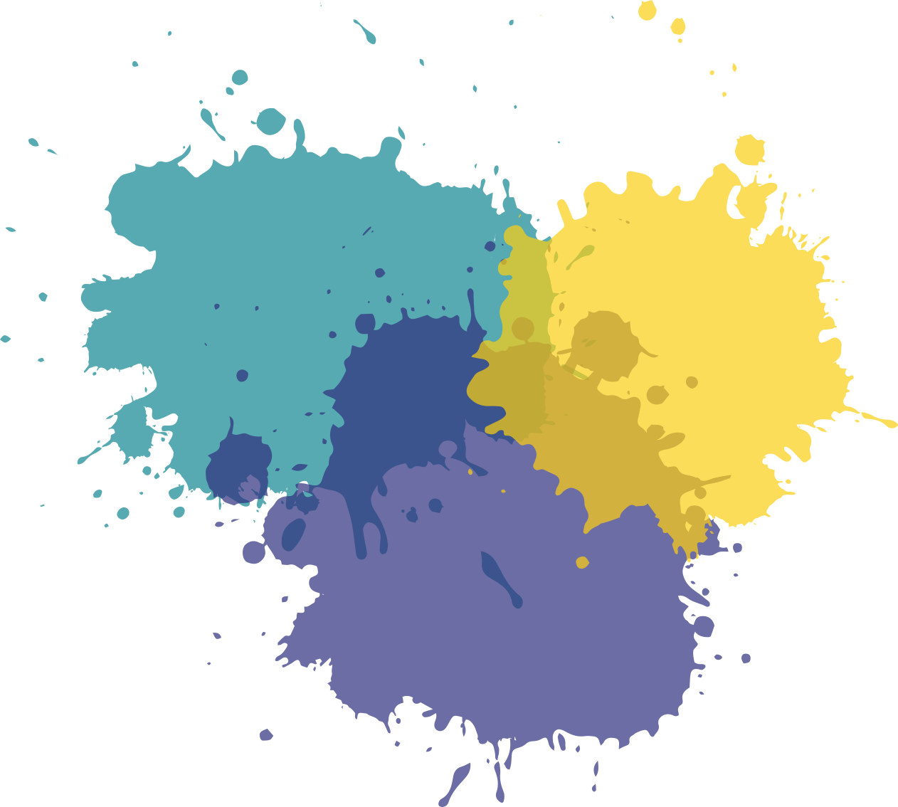 Three splashes of paint overlapping with each other at the centre. One yellow, another blue, and the third one green
