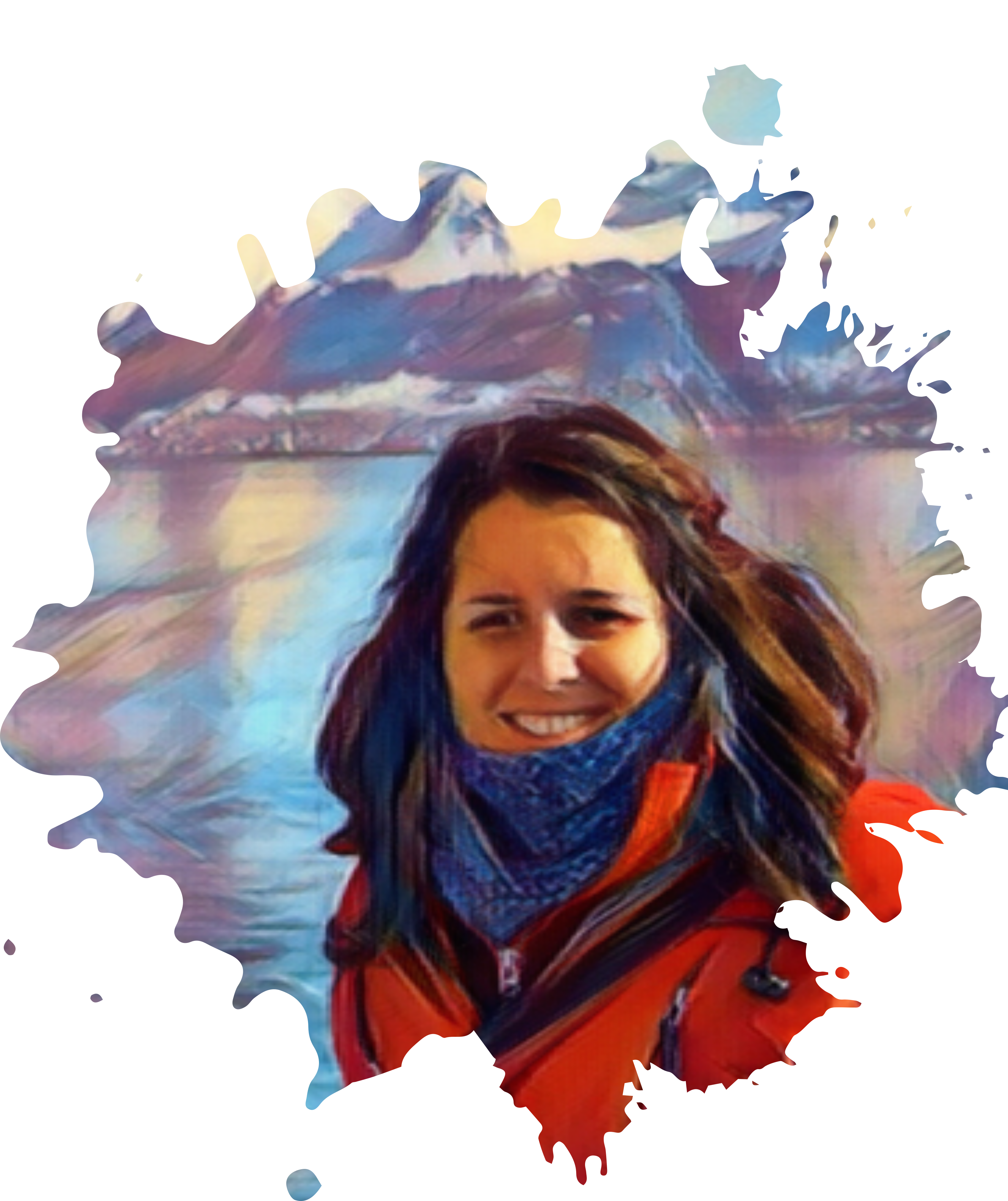 Picture of Virginia García Alonso showing the torso and face. Virginia is wearing a red jacket, purple scarf and her hair loose. In the background there is the sea and mountains with snow. The photo was edited to look like a painting in the website www.goart.foto employing a filter called Rich Colored which accentuates the colors and gives the sense of being a painted portrait.