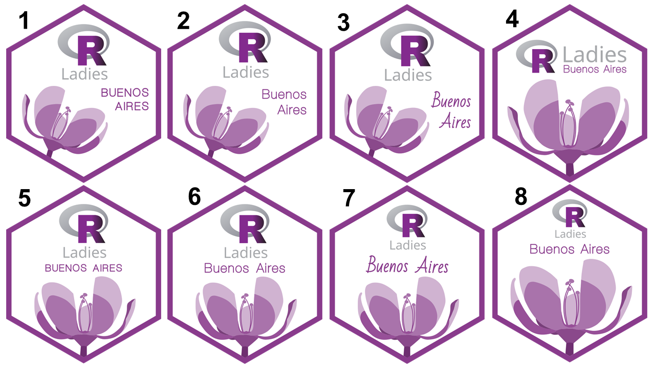 Figure showing eight different versions of hexes with the R-Ladies logo showcasing different font styles for the word Buenos Aires and the flower in different positions within the outline of a violet hexagon.